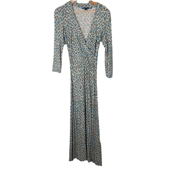Boden Fixed Wrap Jersey Printed 3/4 Sleeves Midi Dress Size 10 R Blue Yellow Dot - Picture 2 of 14